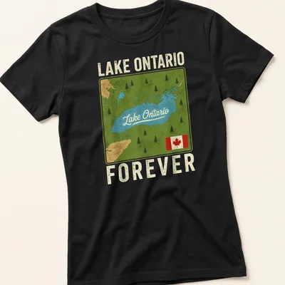 Vintage map style t-shirt featuring Lake Ontario Forever in various colors — printed on a women's shirt