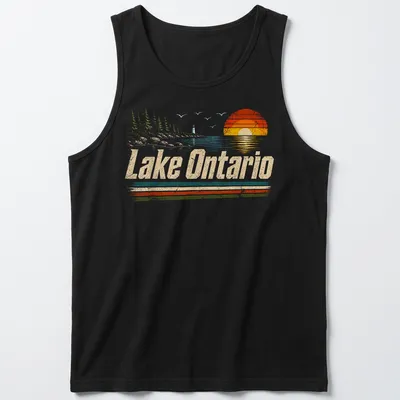 Retro vintage sunset graphic featuring Lake Ontario in warm colors — printed on a tank top