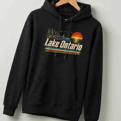 Retro vintage sunset graphic featuring Lake Ontario in warm colors — printed on a unisex hoodie