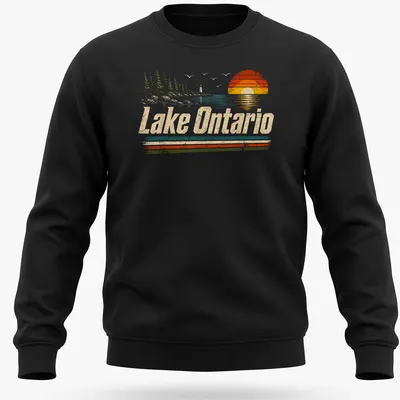Retro vintage sunset graphic featuring Lake Ontario in warm colors — printed on a unisex sweatshirt