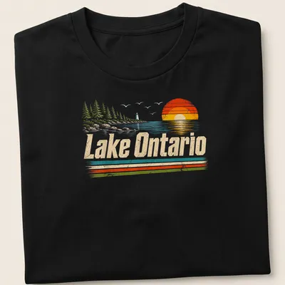 Retro vintage sunset graphic featuring Lake Ontario in warm colors
