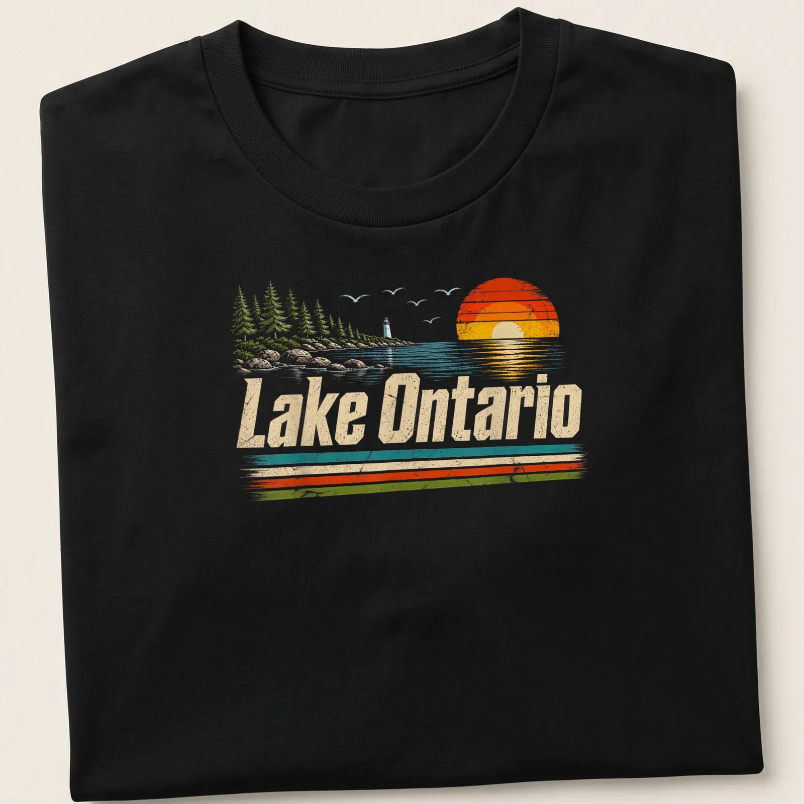 Retro vintage sunset graphic featuring Lake Ontario in warm colors — printed on a unisex t-shirt