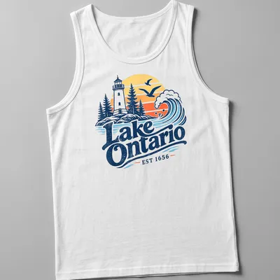 Vintage style print of a lighthouse with Lake Ontario EST 1656 lettering — printed on a tank top