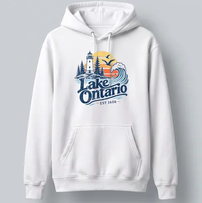 Vintage style print of a lighthouse with Lake Ontario EST 1656 lettering — printed on a unisex hoodie