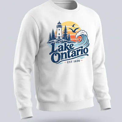 Vintage style print of a lighthouse with Lake Ontario EST 1656 lettering — printed on a unisex sweatshirt