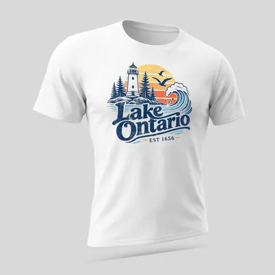 Vintage style print of a lighthouse with Lake Ontario EST 1656 lettering — printed on a unisex t-shirt (angled view)