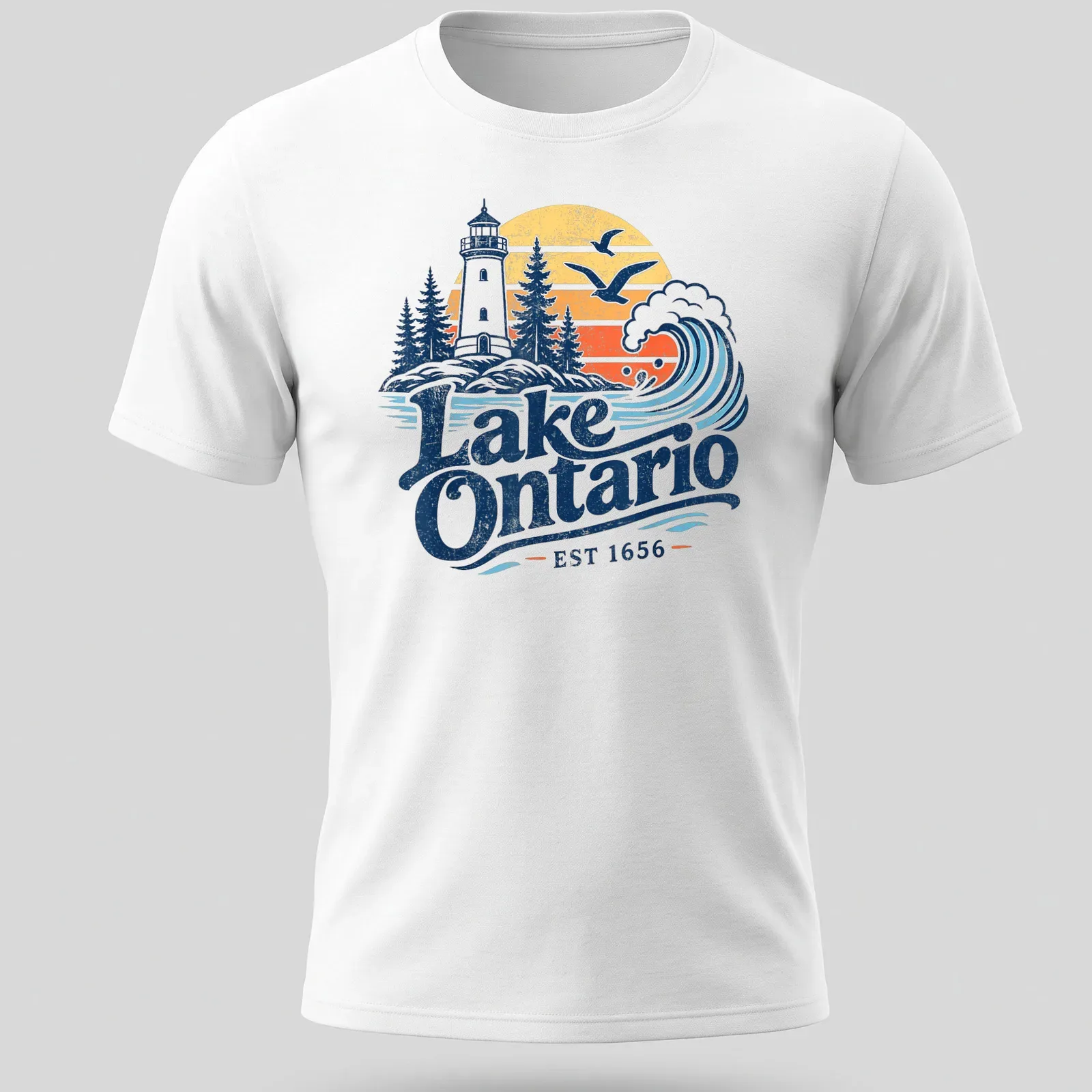 Vintage style print of a lighthouse with Lake Ontario EST 1656 lettering — printed on a unisex t-shirt
