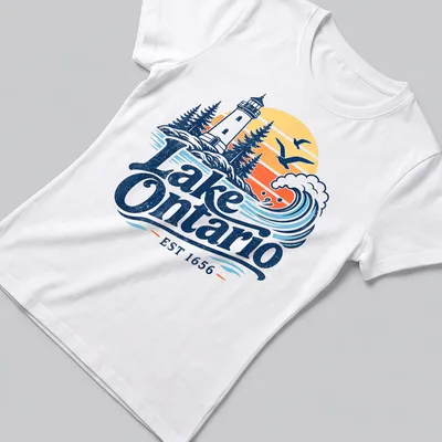Vintage style print of a lighthouse with Lake Ontario EST 1656 lettering — printed on a women's shirt