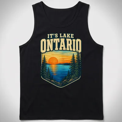 Vintage landscape of Lake Ontario at sunset with text It's Lake Ontario — printed on a tank top