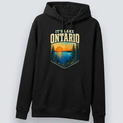 Vintage landscape of Lake Ontario at sunset with text It's Lake Ontario — printed on a unisex hoodie