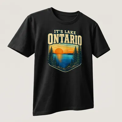 Vintage landscape of Lake Ontario at sunset with text It's Lake Ontario — printed on a unisex t-shirt (angled view)
