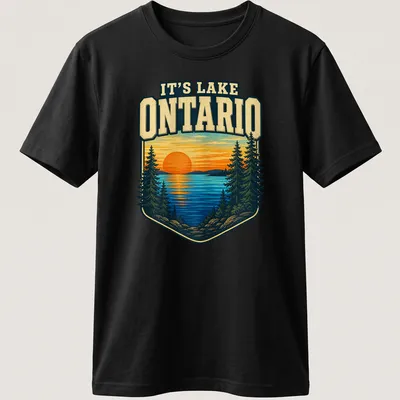 Vintage landscape of Lake Ontario at sunset with text It's Lake Ontario — printed on a unisex t-shirt