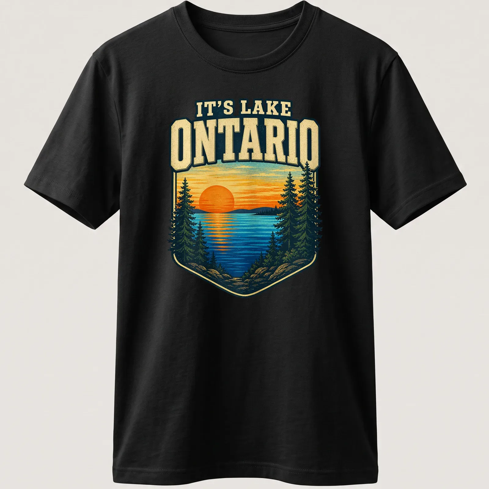 Vintage landscape of Lake Ontario at sunset with text It's Lake Ontario — printed on a unisex t-shirt