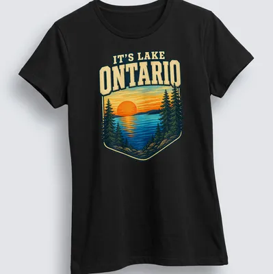 Vintage landscape of Lake Ontario at sunset with text It's Lake Ontario — printed on a women's shirt