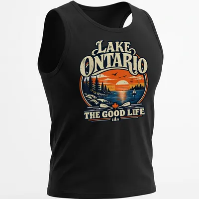 Vintage retro print of Lake Ontario at sunset with text about the good life — printed on a tank top
