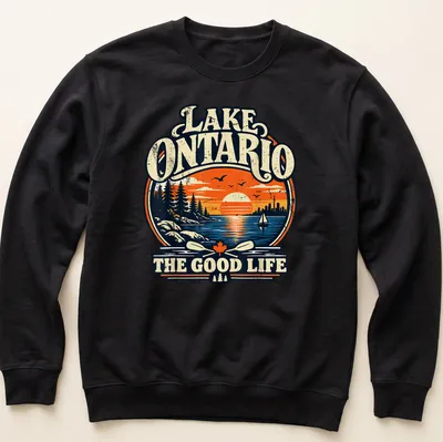 Vintage retro print of Lake Ontario at sunset with text about the good life — printed on a unisex sweatshirt