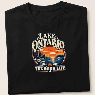 Vintage retro print of Lake Ontario at sunset with text about the good life