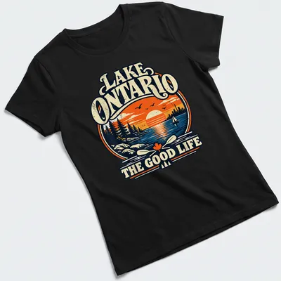 Vintage retro print of Lake Ontario at sunset with text about the good life — printed on a women's shirt