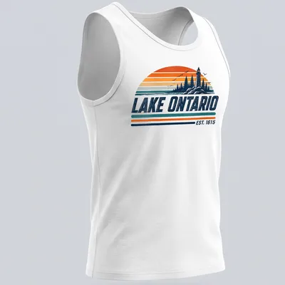 Vintage style t-shirt featuring Lake Ontario with a lighthouse and trees in nostalgic colors — printed on a tank top