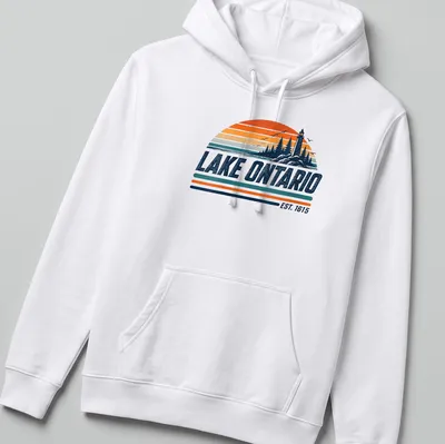 Vintage style t-shirt featuring Lake Ontario with a lighthouse and trees in nostalgic colors — printed on a unisex hoodie