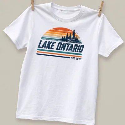 Vintage style t-shirt featuring Lake Ontario with a lighthouse and trees in nostalgic colors