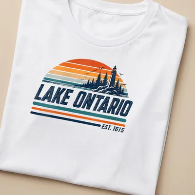 Vintage style t-shirt featuring Lake Ontario with a lighthouse and trees in nostalgic colors — printed on a women's shirt