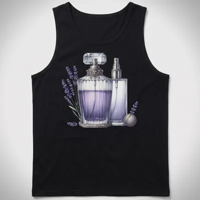 Realistic illustration of elegant lavender perfume bottles with silver accents — printed on a tank top