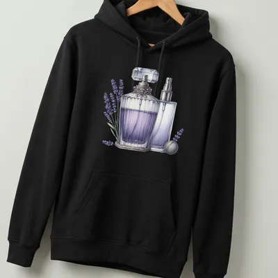 Realistic illustration of elegant lavender perfume bottles with silver accents — printed on a unisex hoodie