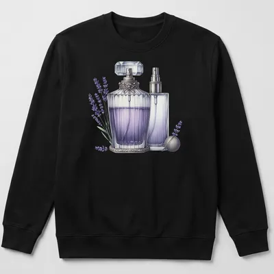 Realistic illustration of elegant lavender perfume bottles with silver accents — printed on a unisex sweatshirt