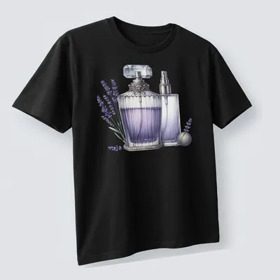 Realistic illustration of elegant lavender perfume bottles with silver accents — printed on a unisex t-shirt (angled view)