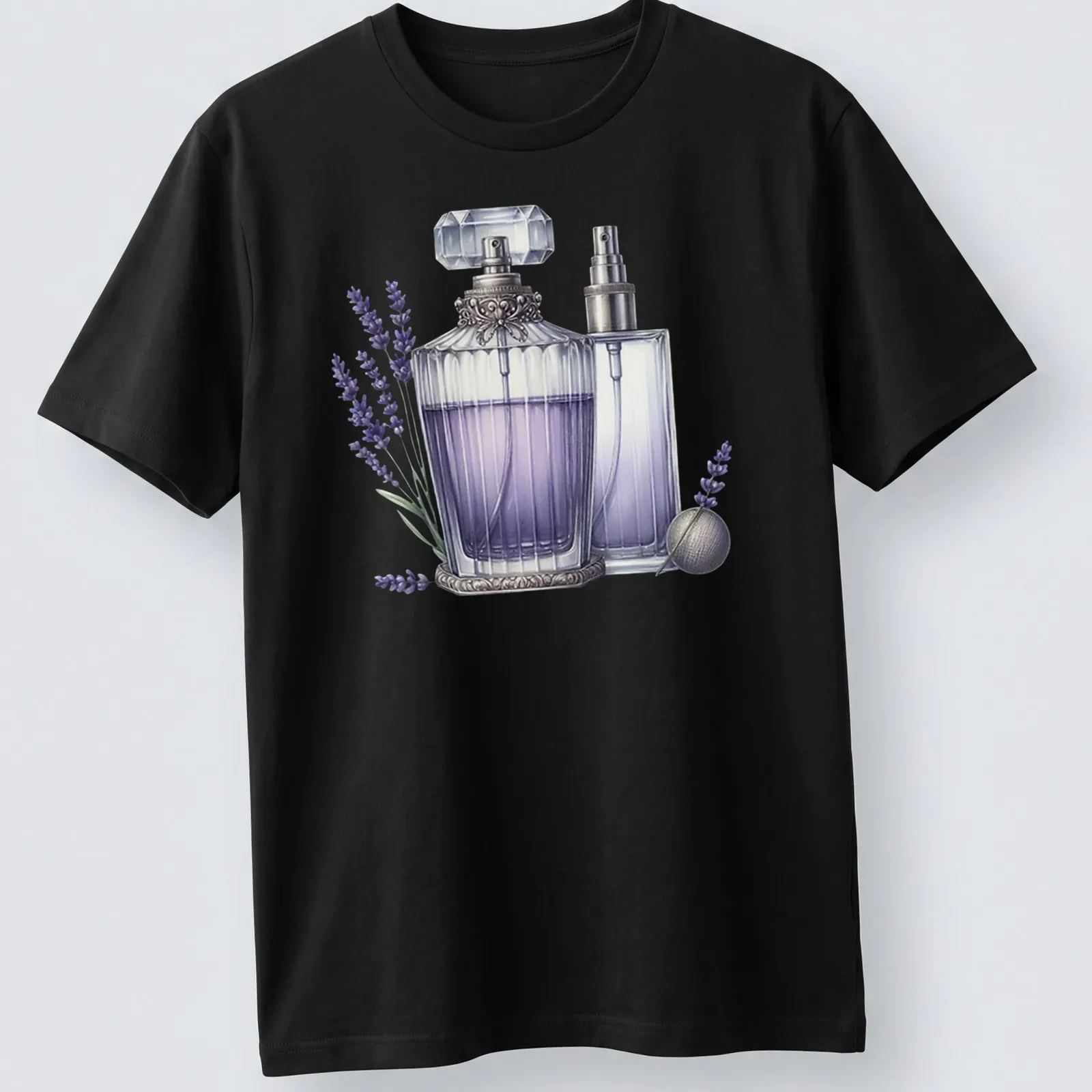 Realistic illustration of elegant lavender perfume bottles with silver accents — printed on a unisex t-shirt