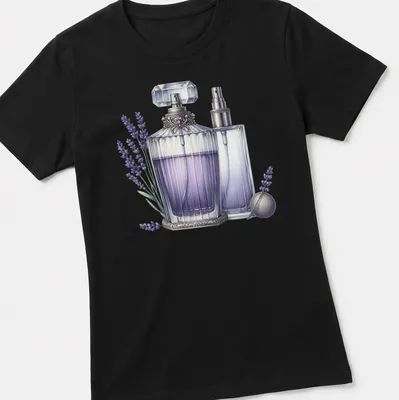 Realistic illustration of elegant lavender perfume bottles with silver accents — printed on a women's shirt