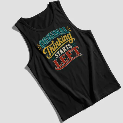 Vintage typography design with text about left-handed writers in teal, yellow, red, and cream. — printed on a tank top
