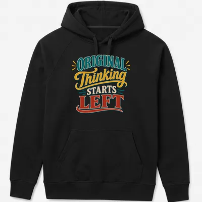 Vintage typography design with text about left-handed writers in teal, yellow, red, and cream. — printed on a unisex hoodie
