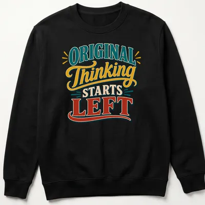 Vintage typography design with text about left-handed writers in teal, yellow, red, and cream. — printed on a unisex sweatshirt