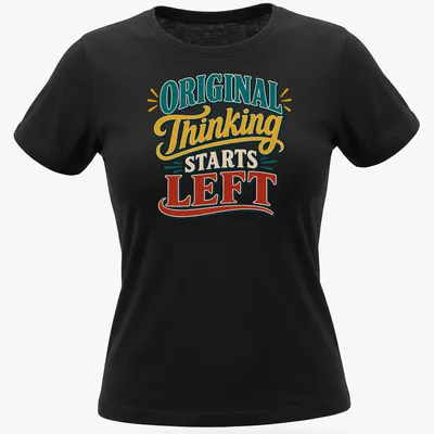Vintage typography design with text about left-handed writers in teal, yellow, red, and cream. — printed on a women's shirt
