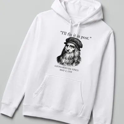 Vintage illustration t-shirt featuring Leonardo Da Vinci's quote on post-production humor — printed on a unisex hoodie