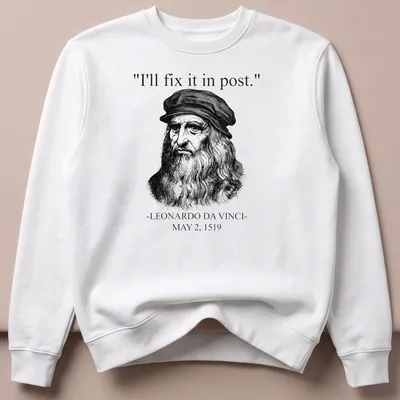 Vintage illustration t-shirt featuring Leonardo Da Vinci's quote on post-production humor — printed on a unisex sweatshirt