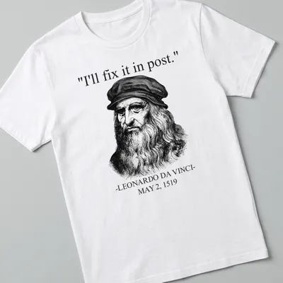 Vintage illustration t-shirt featuring Leonardo Da Vinci's quote on post-production humor — printed on a unisex t-shirt
