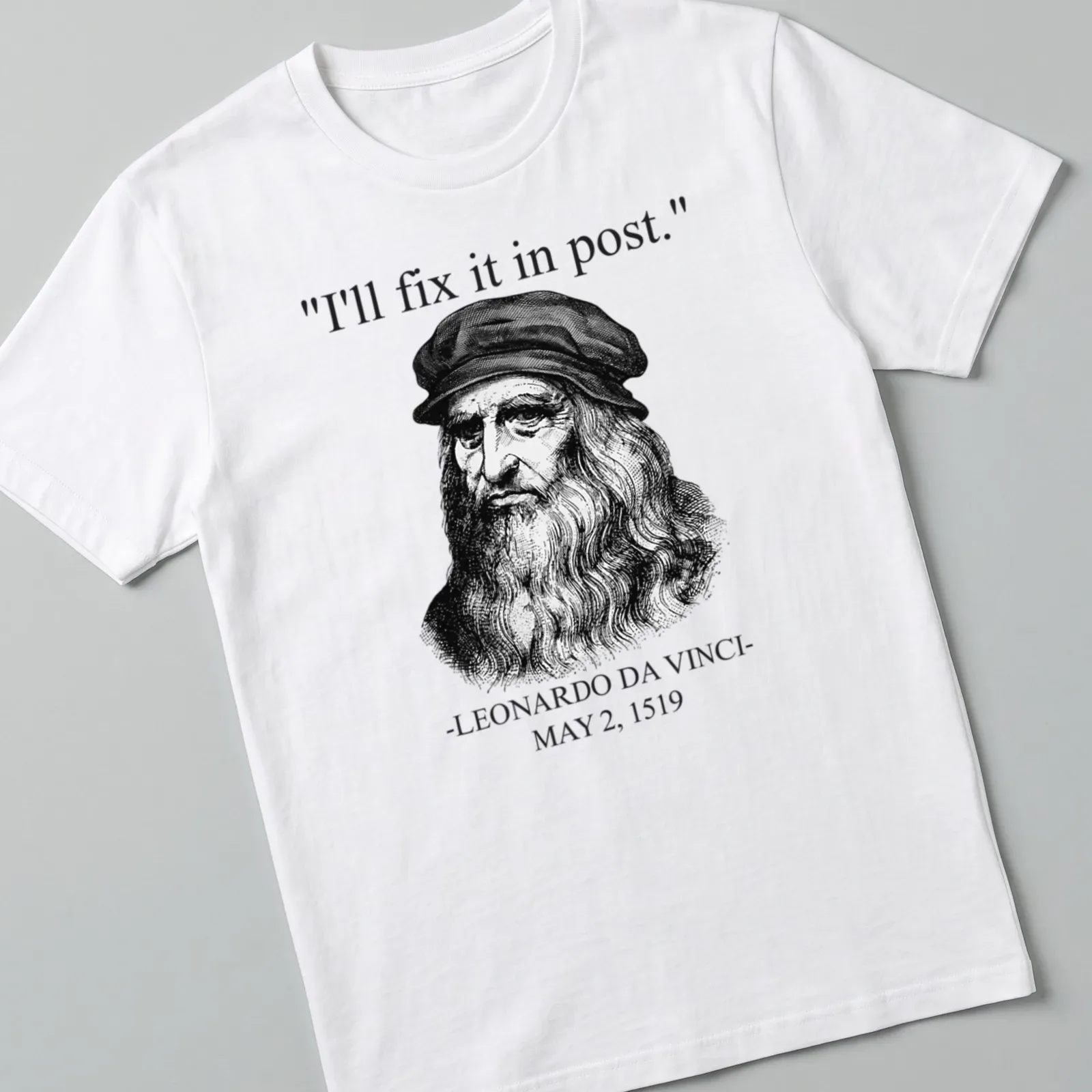 Vintage illustration t-shirt featuring Leonardo Da Vinci's quote on post-production humor — printed on a unisex t-shirt