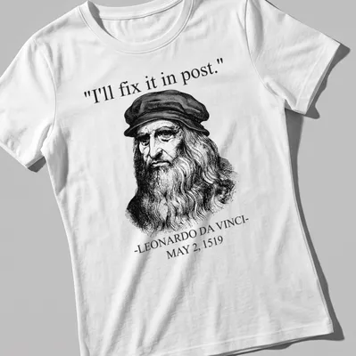 Vintage illustration t-shirt featuring Leonardo Da Vinci's quote on post-production humor — printed on a women's shirt