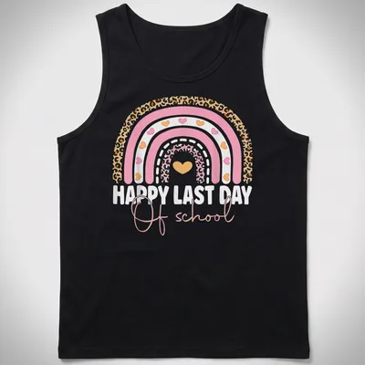 Colorful leopard rainbow design with the text Happy Last Day Of School. — printed on a tank top