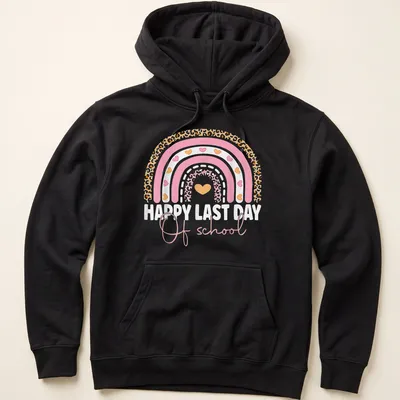 Colorful leopard rainbow design with the text Happy Last Day Of School. — printed on a unisex hoodie