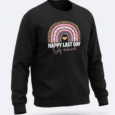 Colorful leopard rainbow design with the text Happy Last Day Of School. — printed on a unisex sweatshirt