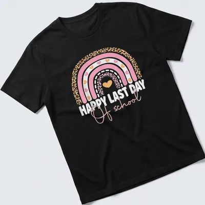 Colorful leopard rainbow design with the text Happy Last Day Of School.