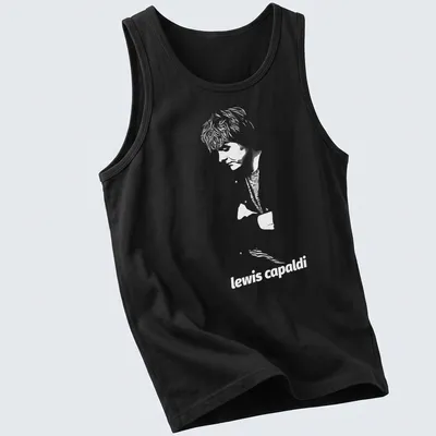 Black and white sketch of Lewis Capaldi's name on — printed on a tank top