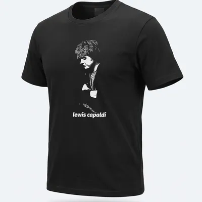 Black and white sketch of Lewis Capaldi's name on T-shirt