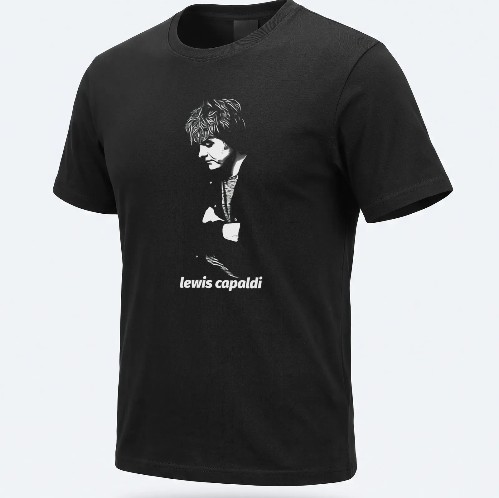 Black and white sketch of Lewis Capaldi's name on — printed on a unisex t-shirt