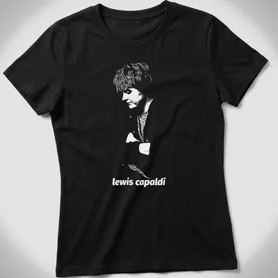 Black and white sketch of Lewis Capaldi's name on — printed on a women's shirt