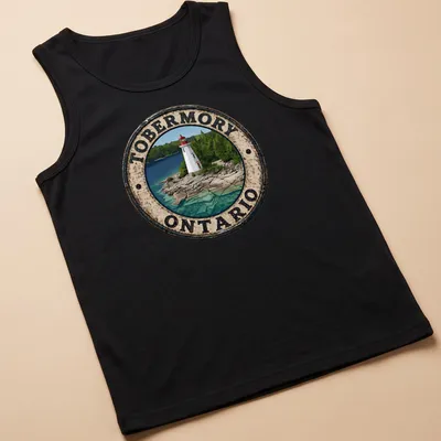 Vintage distressed T-shirt featuring a lighthouse with the text Tobermory Ontario — printed on a tank top